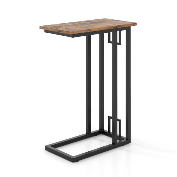 Table d'Appoint en Forme de ‘C’ Table d'Appoint Compacte pour Petit Espace Cadre en Métal Robuste Pieds Réglables Marron Rustique