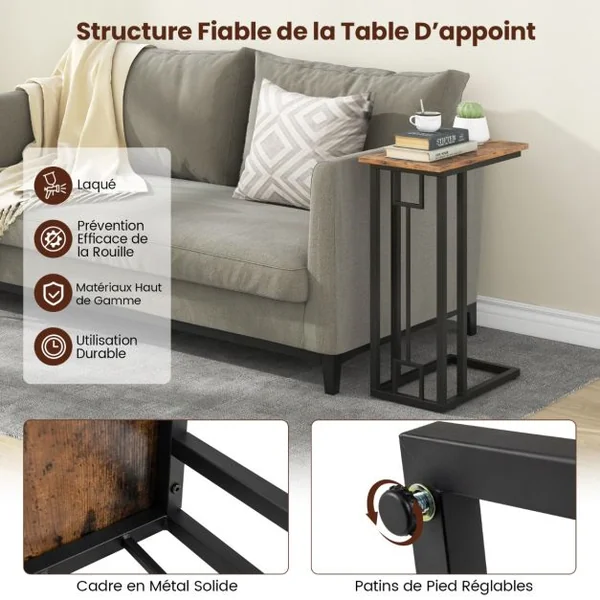 Table d'Appoint en Forme de ‘C’ Table d'Appoint Compacte pour Petit Espace Cadre en Métal Robuste Pieds Réglables Marron Rustique