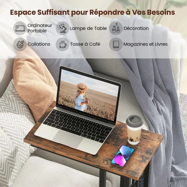Table d'Appoint en Forme de ‘C’ Table d'Appoint Compacte pour Petit Espace Cadre en Métal Robuste Pieds Réglables Marron Rustique