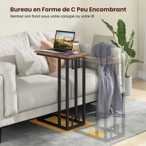 Table d'Appoint en Forme de ‘C’ Table d'Appoint Compacte pour Petit Espace Cadre en Métal Robuste Pieds Réglables Marron Rustique