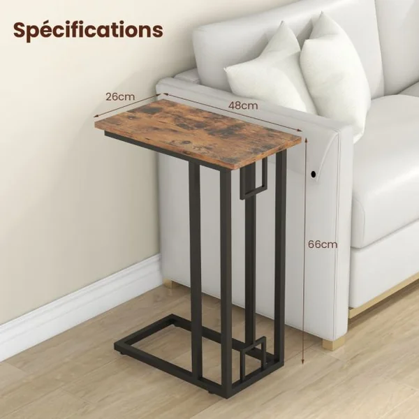 Table d'Appoint en Forme de ‘C’ Table d'Appoint Compacte pour Petit Espace Cadre en Métal Robuste Pieds Réglables Marron Rustique