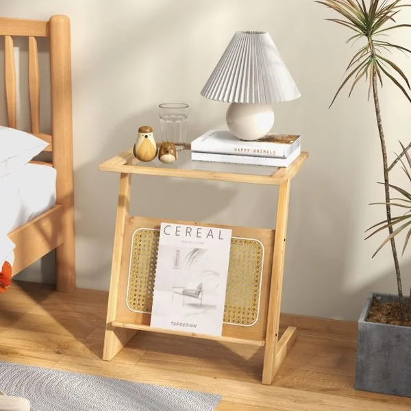 Table d'Appoint en Forme de Z avec Porte-revues Table d'Appoint en Bambou avec Plateau en Verr Étagère en Rotin Naturel
