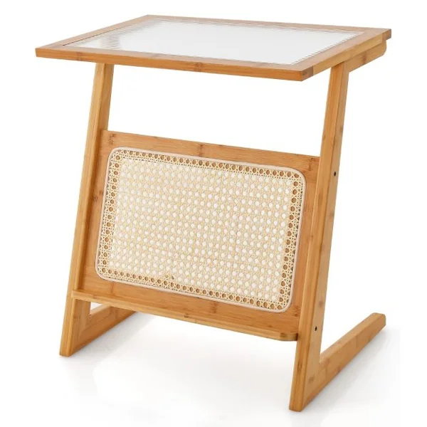 Table d'Appoint en Forme de Z avec Porte-revues Table d'Appoint en Bambou avec Plateau en Verr Étagère en Rotin Naturel