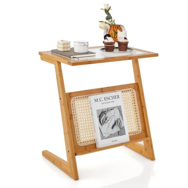 Table d'Appoint en Forme de Z avec Porte-revues Table d'Appoint en Bambou avec Plateau en Verr Étagère en Rotin Naturel