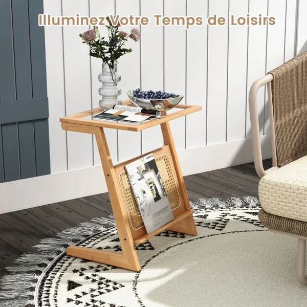 Table d'Appoint en Forme de Z avec Porte-revues Table d'Appoint en Bambou avec Plateau en Verr Étagère en Rotin Naturel
