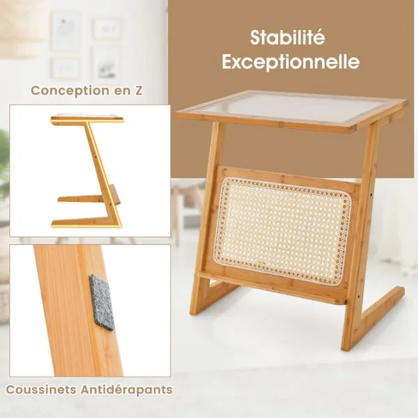 Table d'Appoint en Forme de Z avec Porte-revues Table d'Appoint en Bambou avec Plateau en Verr Étagère en Rotin Naturel