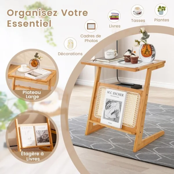 Table d'Appoint en Forme de Z avec Porte-revues Table d'Appoint en Bambou avec Plateau en Verr Étagère en Rotin Naturel