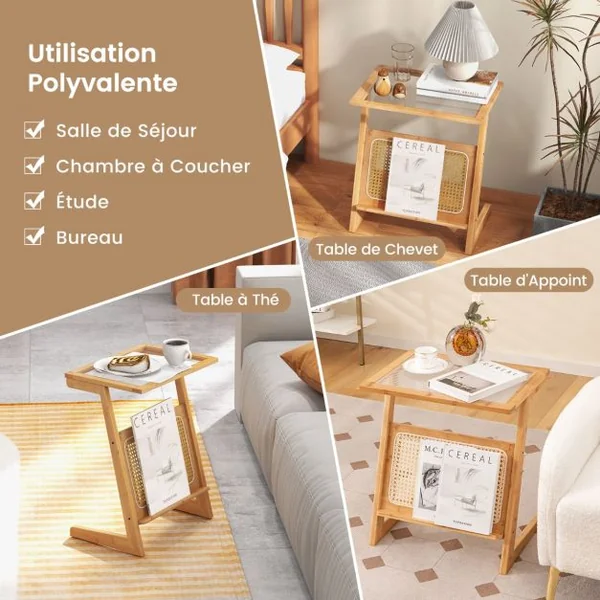 Table d'Appoint en Forme de Z avec Porte-revues Table d'Appoint en Bambou avec Plateau en Verr Étagère en Rotin Naturel