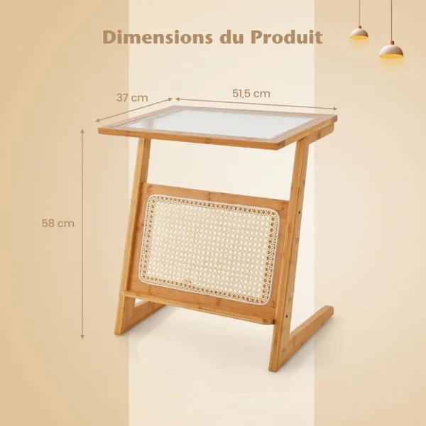 Table d'Appoint en Forme de Z avec Porte-revues Table d'Appoint en Bambou avec Plateau en Verr Étagère en Rotin Naturel