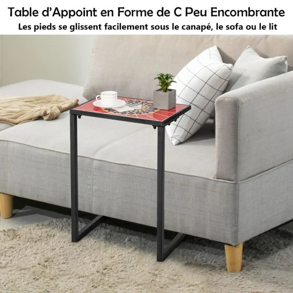 Table d'Appoint Extérieure en Forme de C Plateau en Céramique Petite Table Basse en Métal Antirouille Imperméable Charge 50KG pour Terrasse Balcon