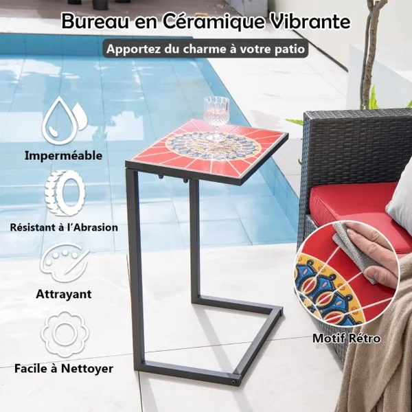 Table d'Appoint Extérieure en Forme de C Plateau en Céramique Petite Table Basse en Métal Antirouille Imperméable Charge 50KG pour Terrasse Balcon