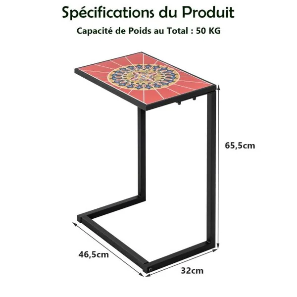 Table d'Appoint Extérieure en Forme de C Plateau en Céramique Petite Table Basse en Métal Antirouille Imperméable Charge 50KG pour Terrasse Balcon