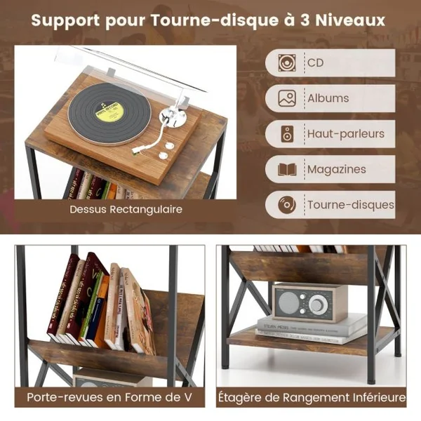 Table d'Appoint Industriel à 3 Niveaux Cadre en Métal 40 x 30 x 61 CM avec Étagère Ouverte pour Bureau Chambre