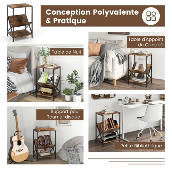 Table d'Appoint Industriel à 3 Niveaux Cadre en Métal 40 x 30 x 61 CM avec Étagère Ouverte pour Bureau Chambre