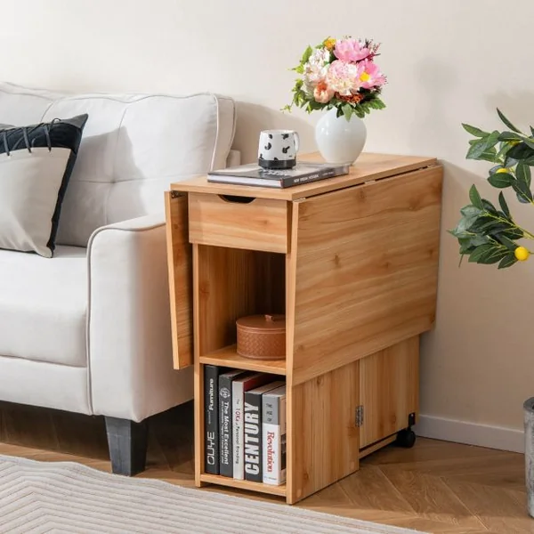 Table d’Appoint Pliante avec 2 Roulettes Table Console à Abattants pour Petits Espaces Table Pliable avec Support de Rangement Blanc