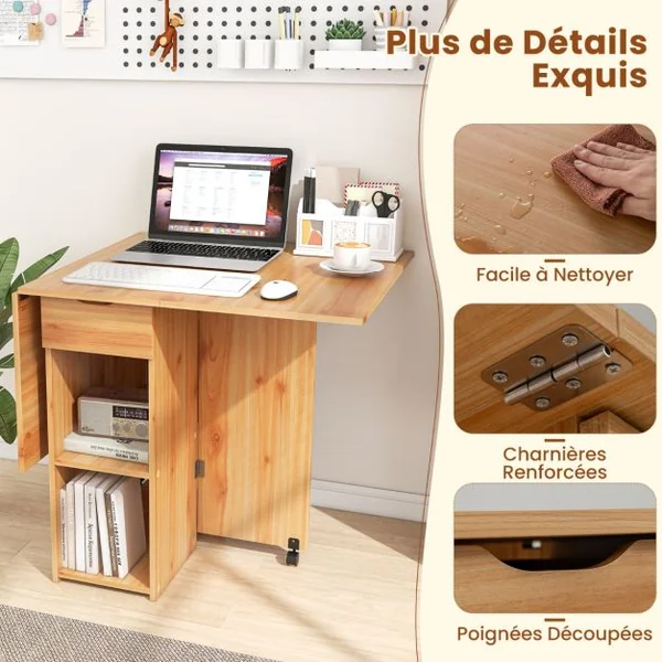 Table d’Appoint Pliante avec 2 Roulettes Table Console à Abattants pour Petits Espaces Table Pliable avec Support de Rangement Blanc