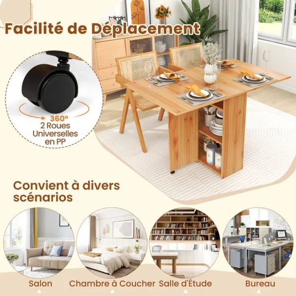 Table d’Appoint Pliante avec 2 Roulettes Table Console à Abattants pour Petits Espaces Table Pliable avec Support de Rangement Blanc