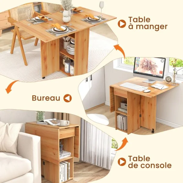 Table d’Appoint Pliante avec 2 Roulettes Table Console à Abattants pour Petits Espaces Table Pliable avec Support de Rangement Blanc