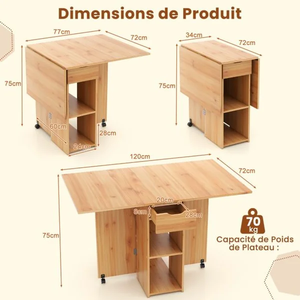 Table d’Appoint Pliante avec 2 Roulettes Table Console à Abattants pour Petits Espaces Table Pliable avec Support de Rangement Blanc