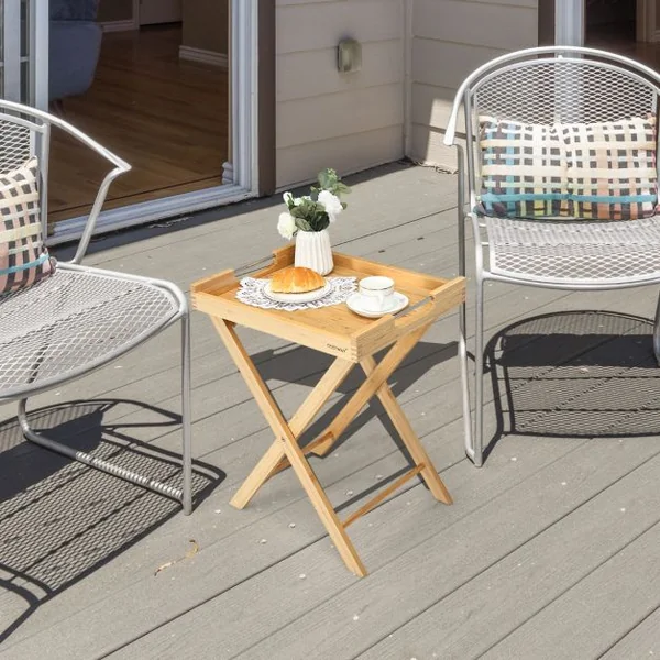Table d'Appoint Pliante en Bambou avec Plateau Amovible Petite Table Basse avec Poignée en Acier Inoxydable 47x38x58,5 CM Naturel