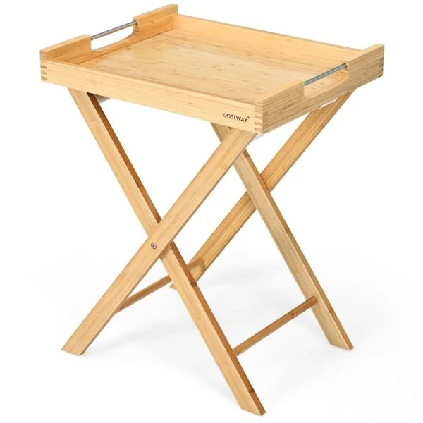 Table d'Appoint Pliante en Bambou avec Plateau Amovible Petite Table Basse avec Poignée en Acier Inoxydable 47x38x58,5 CM Naturel