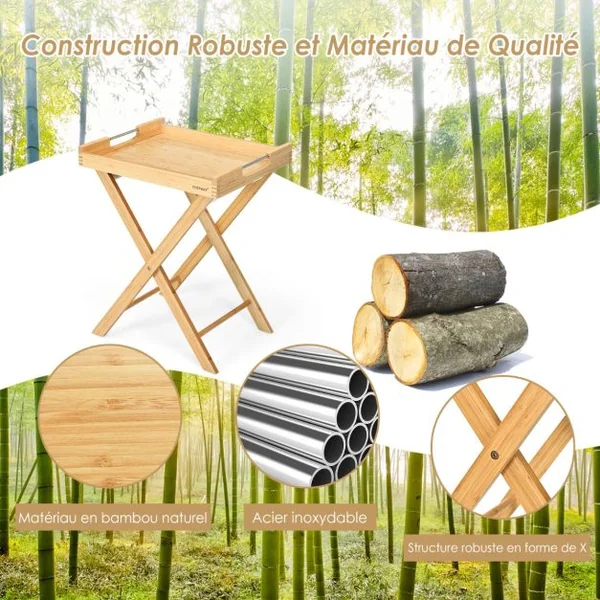 Table d'Appoint Pliante en Bambou avec Plateau Amovible Petite Table Basse avec Poignée en Acier Inoxydable 47x38x58,5 CM Naturel