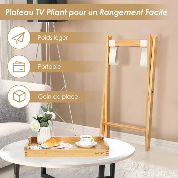 Table d'Appoint Pliante en Bambou avec Plateau Amovible Petite Table Basse avec Poignée en Acier Inoxydable 47x38x58,5 CM Naturel