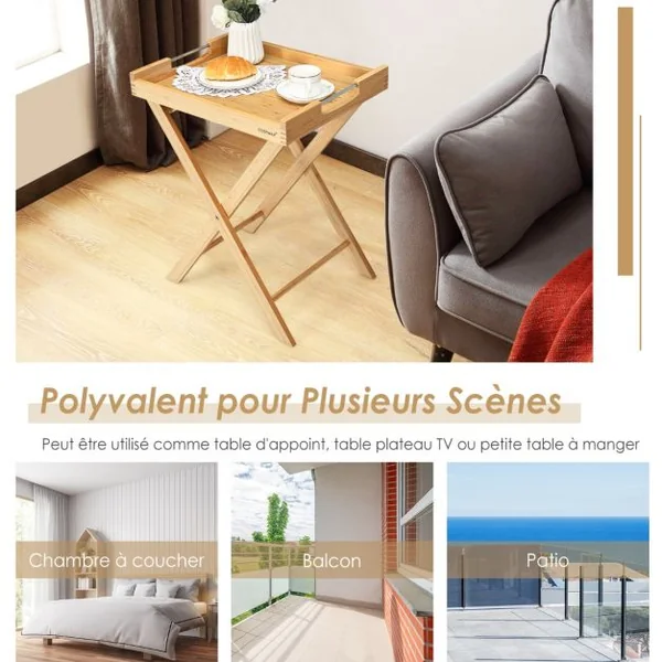 Table d'Appoint Pliante en Bambou avec Plateau Amovible Petite Table Basse avec Poignée en Acier Inoxydable 47x38x58,5 CM Naturel