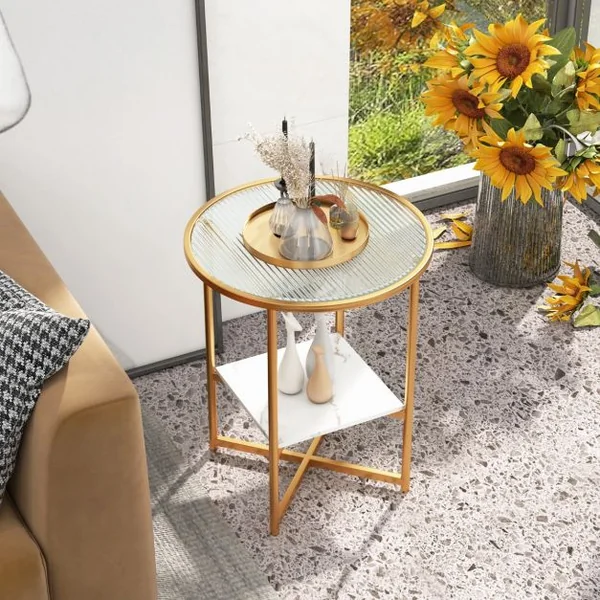 Table d'Appoint Ronde Bout de Canapé en Verre Trempé Ondulé Cadre en Métal Étagère en Faux Marbre Petite Table Basse Salon 50 x 50 x 60 cm Blanc