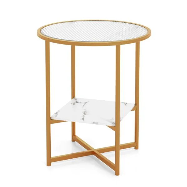 Table d'Appoint Ronde Bout de Canapé en Verre Trempé Ondulé Cadre en Métal Étagère en Faux Marbre Petite Table Basse Salon 50 x 50 x 60 cm Blanc