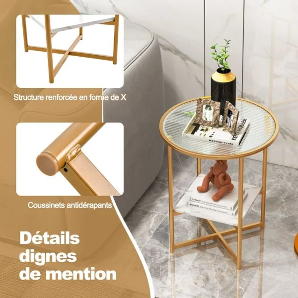 Table d'Appoint Ronde Bout de Canapé en Verre Trempé Ondulé Cadre en Métal Étagère en Faux Marbre Petite Table Basse Salon 50 x 50 x 60 cm Blanc