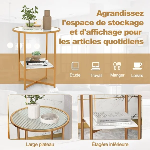 Table d'Appoint Ronde Bout de Canapé en Verre Trempé Ondulé Cadre en Métal Étagère en Faux Marbre Petite Table Basse Salon 50 x 50 x 60 cm Blanc