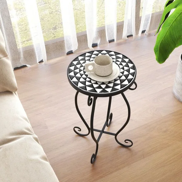 Table d'Appoint Ronde de Jardin avec Plateau Mosaïque en Carreaux de Céramique Table Basse d'Extérieur pour Balcon Piscine