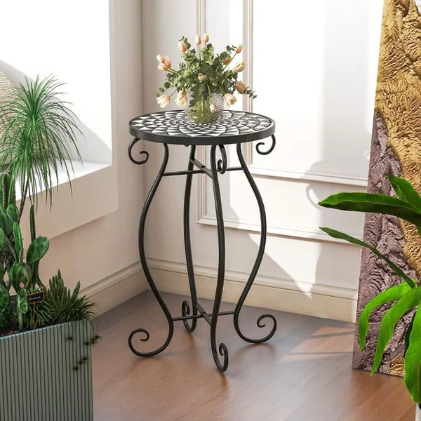 Table d'Appoint Ronde de Jardin avec Plateau Mosaïque en Carreaux de Céramique Table Basse d'Extérieur pour Balcon Piscine