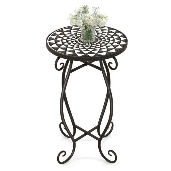 Table d'Appoint Ronde de Jardin avec Plateau Mosaïque en Carreaux de Céramique Table Basse d'Extérieur pour Balcon Piscine
