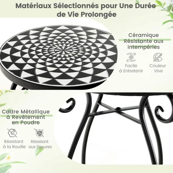 Table d'Appoint Ronde de Jardin avec Plateau Mosaïque en Carreaux de Céramique Table Basse d'Extérieur pour Balcon Piscine