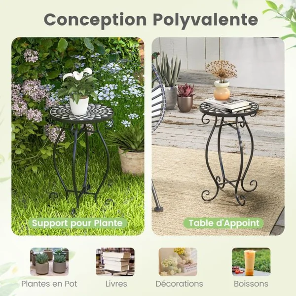 Table d'Appoint Ronde de Jardin avec Plateau Mosaïque en Carreaux de Céramique Table Basse d'Extérieur pour Balcon Piscine