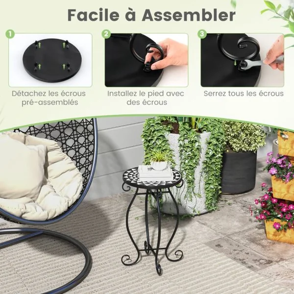 Table d'Appoint Ronde de Jardin avec Plateau Mosaïque en Carreaux de Céramique Table Basse d'Extérieur pour Balcon Piscine