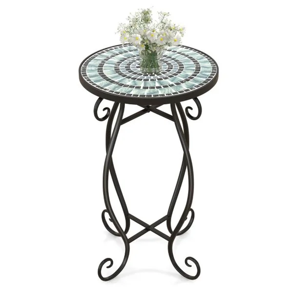 Table d'Appoint Ronde de Jardin avec Plateau Mosaïque en Carreaux de Céramique Table Basse d'Extérieur pour Balcon Piscine Noir