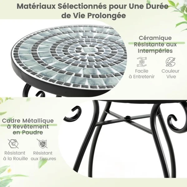 Table d'Appoint Ronde de Jardin avec Plateau Mosaïque en Carreaux de Céramique Table Basse d'Extérieur pour Balcon Piscine Noir