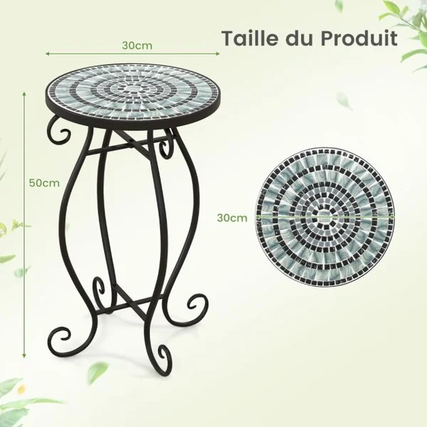 Table d'Appoint Ronde de Jardin avec Plateau Mosaïque en Carreaux de Céramique Table Basse d'Extérieur pour Balcon Piscine Noir