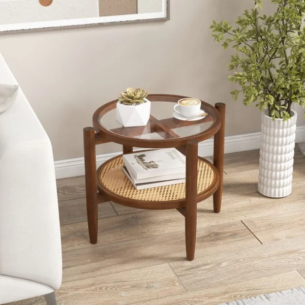 Table d’Appoint Ronde en Bois Bout de Canape avec Plateau en Verre Trempé Design Cannage en Rotin PE Petite Table Basse Salon 56 x 56 x 46 cm