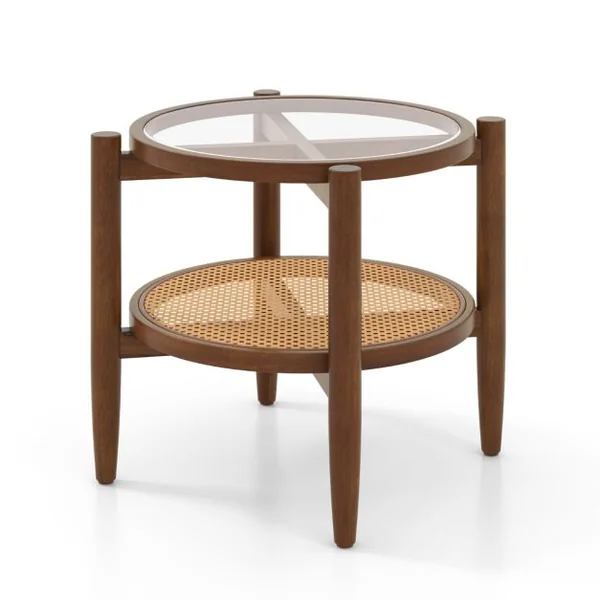 Table d’Appoint Ronde en Bois Bout de Canape avec Plateau en Verre Trempé Design Cannage en Rotin PE Petite Table Basse Salon 56 x 56 x 46 cm