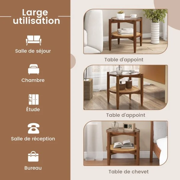 Table d’Appoint Ronde en Bois Bout de Canape avec Plateau en Verre Trempé Design Cannage en Rotin PE Petite Table Basse Salon 56 x 56 x 46 cm