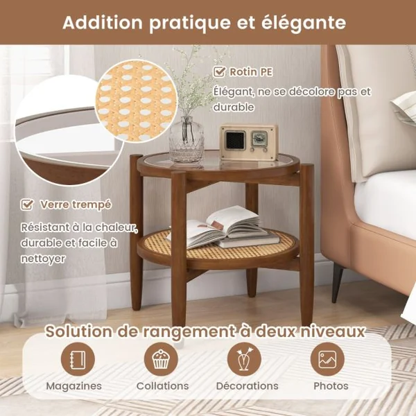 Table d’Appoint Ronde en Bois Bout de Canape avec Plateau en Verre Trempé Design Cannage en Rotin PE Petite Table Basse Salon 56 x 56 x 46 cm