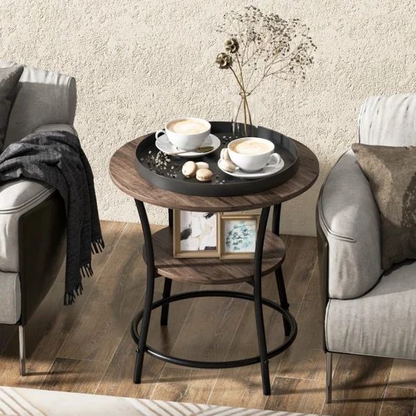 Table d'Appoint Ronde Style Industrielle Dia.55 CM à 2 Niveaux Cadre en Métal Grain de Chêne Gris