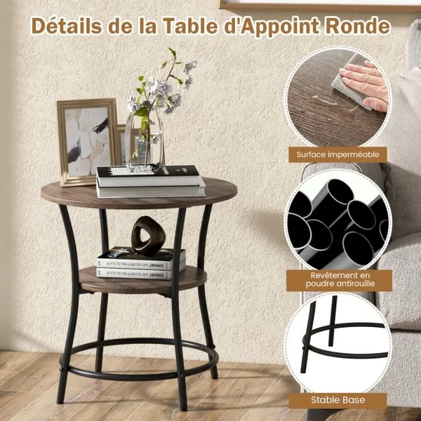 Table d'Appoint Ronde Style Industrielle Dia.55 CM à 2 Niveaux Cadre en Métal Grain de Chêne Gris