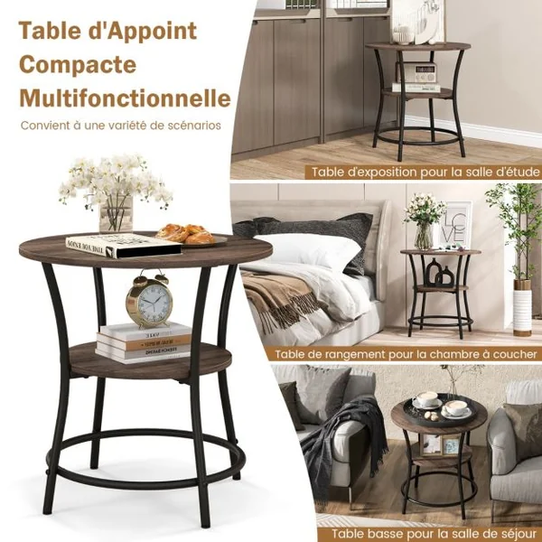 Table d'Appoint Ronde Style Industrielle Dia.55 CM à 2 Niveaux Cadre en Métal Grain de Chêne Gris