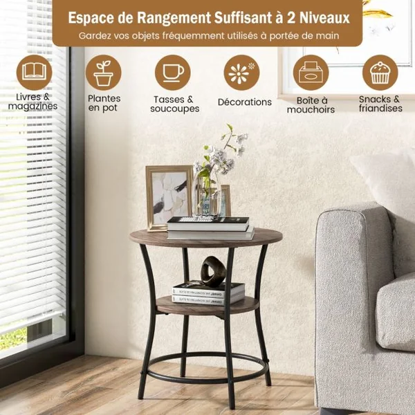 Table d'Appoint Ronde Style Industrielle Dia.55 CM à 2 Niveaux Cadre en Métal Grain de Chêne Gris