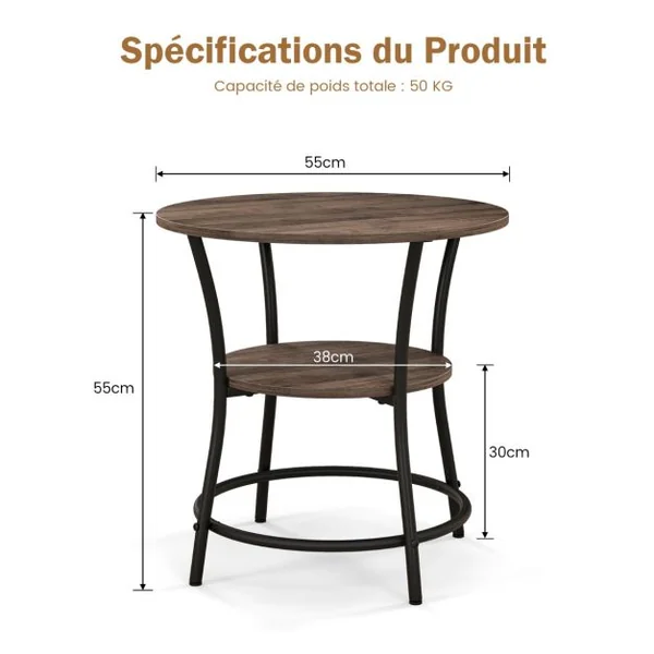 Table d'Appoint Ronde Style Industrielle Dia.55 CM à 2 Niveaux Cadre en Métal Grain de Chêne Gris